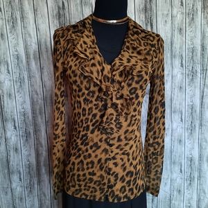 Vintage Leopard print V-Neck Long Sleeve Top